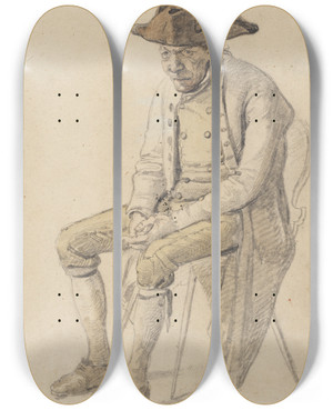 Triptych art skateboard deck of Johann Baptist Kirner Sitzender Alter Bauer Mit Dreispitz by Johann Baptist Kirner (1806-1866)