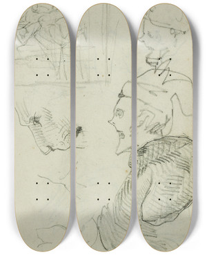 Triptych art skateboard deck of Thodore Gricault Studies Of Lion Compositional Group Figure Study Two Caricature Head Studies by Theodore Gericault (1791-1824)
