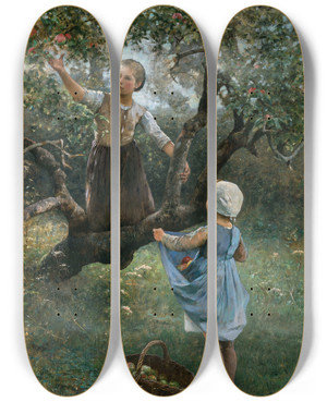 Triptych art skateboard deck of Hugo Salmson Girls Picking Fruit by Hugo Salmson (1843-1894)