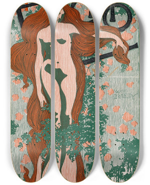 Triptych art skateboard deck of Will Bradley The Echo Chicago June 1 1895 by Will Bradley (1868-1962)