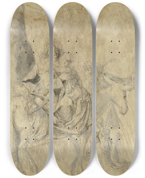 Triptych art skateboard deck of Cornelis Bisschop Flight Into Egypt by Cornelis Bisschop (1630-1674)