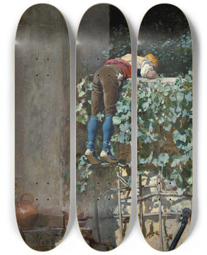 Triptych art skateboard deck of Jehan Georges Vibert Sneaking A Peek by Jehan Georges Vibert (1840-1902)