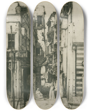 Triptych art skateboard deck of David Young Cameron Street In Cairo by David Young Cameron (1865-1945)