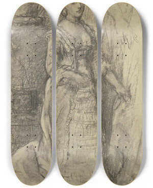 Triptych art skateboard deck of Otto Scholderer Stehende Dame Im Rschenkleid by Otto Scholderer (1834-1902)