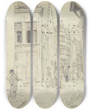Triptych art skateboard deck of Rudolf Hirth Du Frnes Alley In Antwerp by Rudolf Hirth du Frnes (1846-1916)