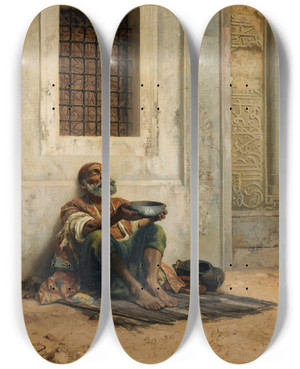 Triptych art skateboard deck of Stanisaw Von Chlebowski Mendicantat The Mosque Door by Stanislaw Chlebowski (1835-1884)