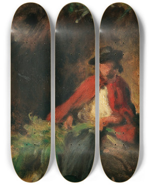 Triptych art skateboard deck of Carl Spitzweg Sitzendes Mdchen Mit Rotem Umhang Einen Hasen Vor Sich by Carl Spitzweg (1808-1880)