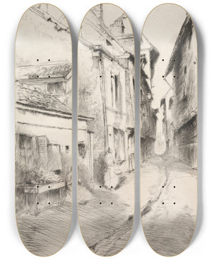 Triptych art skateboard deck of Gustave Leheutre La Rue De Lecole Troyes by Gustave Leheutre