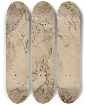 Triptych art skateboard deck of Jan Thomas Putti In Clouds Supporting A Globe by Jan Thomas (1617-1678)