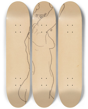 Triptych art skateboard deck of Egon Schiele Standing Nude Facing Right by Egon Schiele (1890-1918)