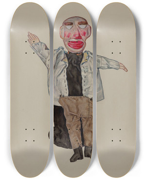 Triptych art skateboard deck of David Ramage Blind Man Hand Puppet by David Ramage