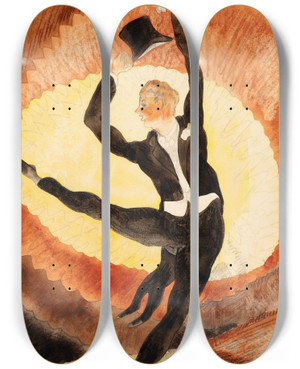 Triptych art skateboard deck of Charles Demuth In Vaudeville Acrobatic Male Dancer With Top Hat by Charles Demuth (1883-1935)