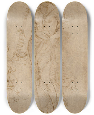 Triptych art skateboard deck of Raphael Female Figure With A Tibia And Ornamental Studies by Raphael (1483-1520)