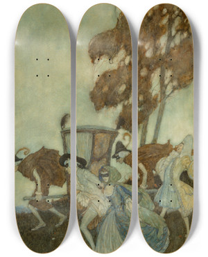 Triptych art skateboard deck of Edmund Dulac The Masqueraders by Edmund Dulac (1882-1953)