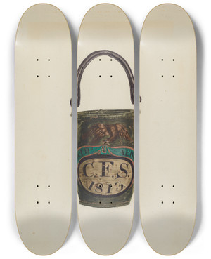 Triptych art skateboard deck of Marion E Herrick Fire Bucket by Marion E Herrick