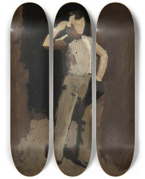 Triptych art skateboard deck of Thomas Anshutz Boy In Brown Study For The Ironworkers Noontime by Thomas Anshutz