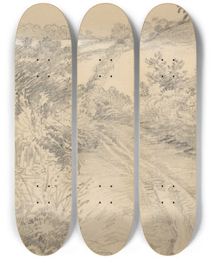 Triptych art skateboard deck of George Richmond A Bushy Lane With A Field Beyond by George Richmond (1809-1896)