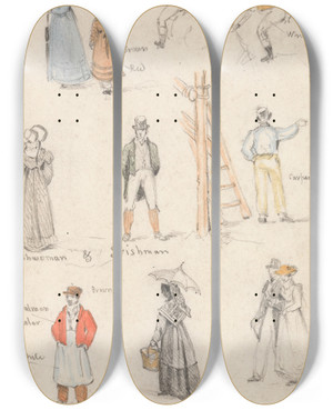 Triptych art skateboard deck of Edmund Thomas Parris Sketches From Life by Edmund Thomas Parris (1793-1873)