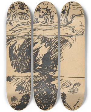 Triptych art skateboard deck of Gustv Mall In The Fields by Gustav Mally (1879-1952)