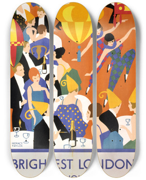 Triptych art skateboard deck of Horace Taylor Brightest London And Home By Underground by Horace Taylor (1881-1934)