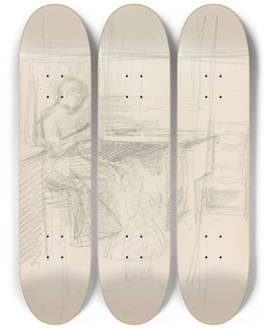 Triptych art skateboard deck of Signe Scheel Interir Med Mor Og Barn by Signe Scheel (1860-1942)