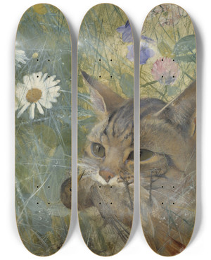 Triptych art skateboard deck of Bruno Liljefors A Cat With A Young Bird In Its Mouth by Bruno Liljefors (1860-1939)