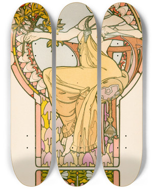 Triptych art skateboard deck of Alphonse Mucha Seated Woman Plate No 48 From Documents Dcoratifs by Alphonse Mucha (1860-1939)