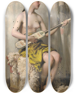 Triptych art skateboard deck of Thobald Chartran La Joueuse De Mandore by Theobald Chartran (1849-1907)