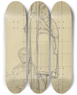 Triptych art skateboard deck of Philipp Rumpf Stehendes Und Sitzendes Mdchen An Einen Stamm Gelehnt by Philipp Rumpf (1821-1896)