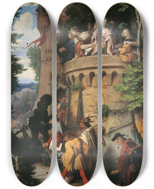 Triptych art skateboard deck of Moritz Von Schwind The Rose Or The Artists Journey by Moritz Von Schwind (1804-1871)