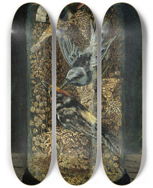 Triptych art skateboard deck of Arthur H Davis Stuffed Birds In A Dome by Arthur H Davis (1871-1893)