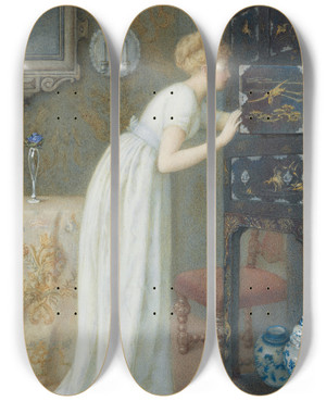 Triptych art skateboard deck of Gustavus Arthur Bouvier The Lacquer Cabinet by Gustavus Arthur Bouvier (1837-1921)