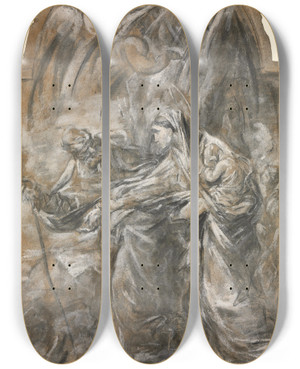 Triptych art skateboard deck of Alessandro Magnasco Flight Into Egypt by Alessandro Magnasco (1667-1749)