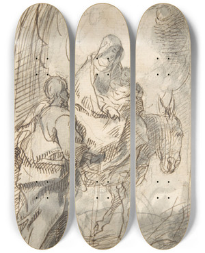 Triptych art skateboard deck of Pedro Duque Y Cornejo The Flight Into Egypt by Pedro Duque Y Cornejo (1677-1757)