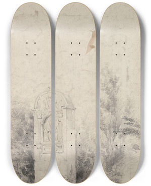 Triptych art skateboard deck of Gustave Adolphe Simonau Calvary Chapel by Gustave Adolphe Simonau (1810-1870)