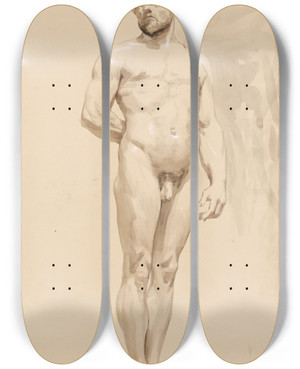 Triptych art skateboard deck of Jozef Hanula Study Of A Standing Man_2 by Jozef Hanula (1863-1944)