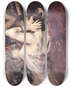 Triptych art skateboard deck of Giovanni Boldini La Toilette by Giovanni Boldini (1842-1931)