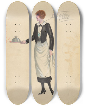 Triptych art skateboard deck of Will R Barnes Waiterettes 9 by Will R Barnes (1939)