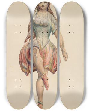 Triptych art skateboard deck of Katharine Merrill Dancing Girl From Sparks Carousel Wagon by Katharine Merrill