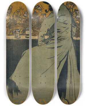 Triptych art skateboard deck of Ramn Casas 4 Gats by Ramon Casas (1866-1932)