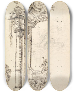 Triptych art skateboard deck of Joseph Anton Feuchtmayer Study For An Altar With A Figure On A Raised Socle At Left by Joseph Anton Feuchtmayer (1696-1770)