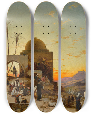 Triptych art skateboard deck of Hermann David Salomon Corrodi Evening Prayers Outside Jerusalem by Hermann David Salomon Corrodi (1844-1905)