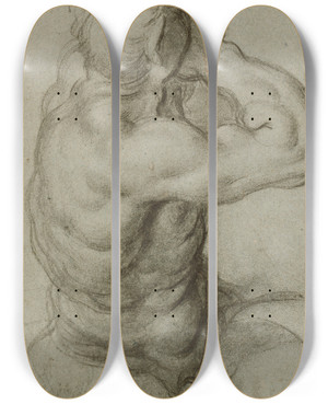 Triptych art skateboard deck of Annibale Carracci Study Of Triton Blowing A Conch Shell by Annibale Carracci (1560-1609)