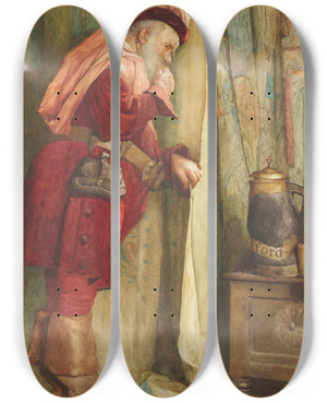 Triptych art skateboard deck of Frederick William Davis Falstaff I Will Esconce Me Behind The Arras by Frederick William Davis (1862-1919)