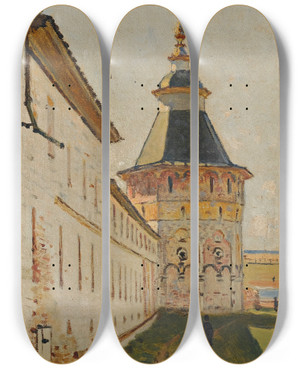 Triptych art skateboard deck of Vasily Vereshchagin Monastery Tower by Vasily Vereshchagin (1842-1904)