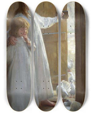Triptych art skateboard deck of Percy Harland Fisher The Sisters by Percy Harland Fisher (1867-1944)