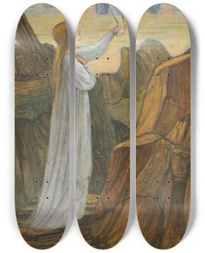 Triptych art skateboard deck of Sir Edward Coley Burnejones The Guardian Angel by Sir Edward Coley Burne-Jones (1833-1898)