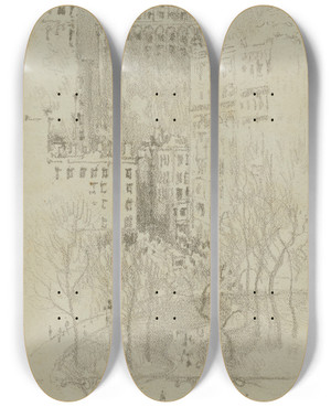 Triptych art skateboard deck of Joseph Pennell Union Square by Joseph Pennell (1857-1926)