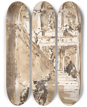 Triptych art skateboard deck of Francesco Guardi Architectural Fantasy Figures On A Grand Staircase_1 by Francesco Guardi (1712-1793)
