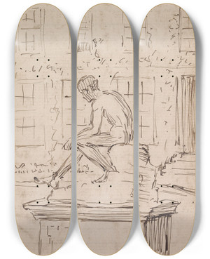 Triptych art skateboard deck of Charles Samuel Keene Sketchbook Drawing_4 by Charles Samuel Keene (1823-1891)